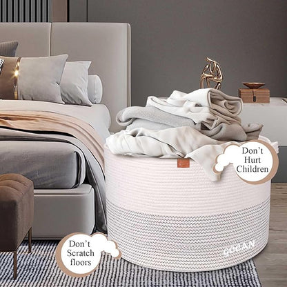 Extra Large Laundry Basket 22" X 22"X 14" XXXL Cotton Rope Woven Basket for Blankets Storage Basket with Handles for Living Room (Beige)