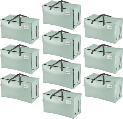 VENO 10 Pack Moving Bags and Large Christmas Decoration Storage Bins with lids. Alternative to Moving Boxes, Packing Supplies for College. Heavy Duty Totes (Shiny Light Green, 10 Pack)