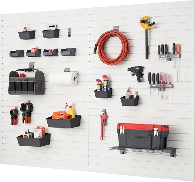 TRINITY 48 Sq Ft Modular Slatwall Panels Kit, Garage Organization and Storage System, Includes 24 Garage Organizer Accessories, 3600 lb Total Capacity, White PVC, Stud Mount Hardware Included