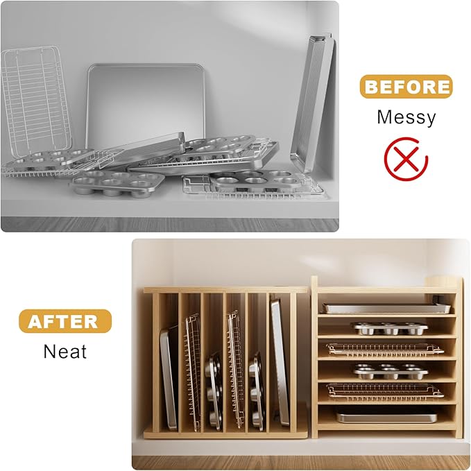 Sawjut 7 Tier Wooden Tray Dividers for Cabinets Cookie Sheet Organizer for Pot, Pans, Baking Tray Organizer for Kitchen Documents Storage(14" W x 16.5" H x 15.2" D)