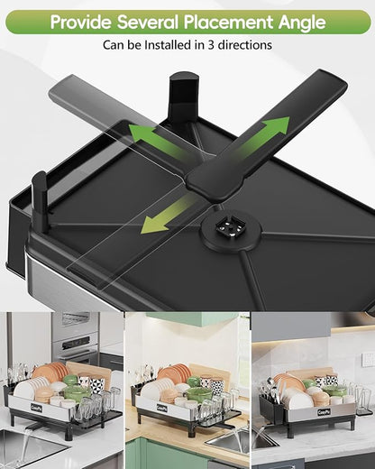 CosyPic Dish Racks, Thicker Premium 304 Stainless Steel Dish Drying Rack for Kitchen Counter, Automatic Drainage Spout, Dish Drainer & Drainboard Set with Utensil Holder and Cup Holder, Black