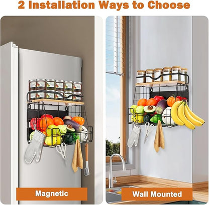 Livabber Magnetic Fridge Organizer Basket with Wood Shelf, Large Fruit Vegetable Storage Bin, Spices Snacks Condiments Rack for Kitchen Pantry, Laundry Room, Office, Magnetic or Wall Mount (Black)