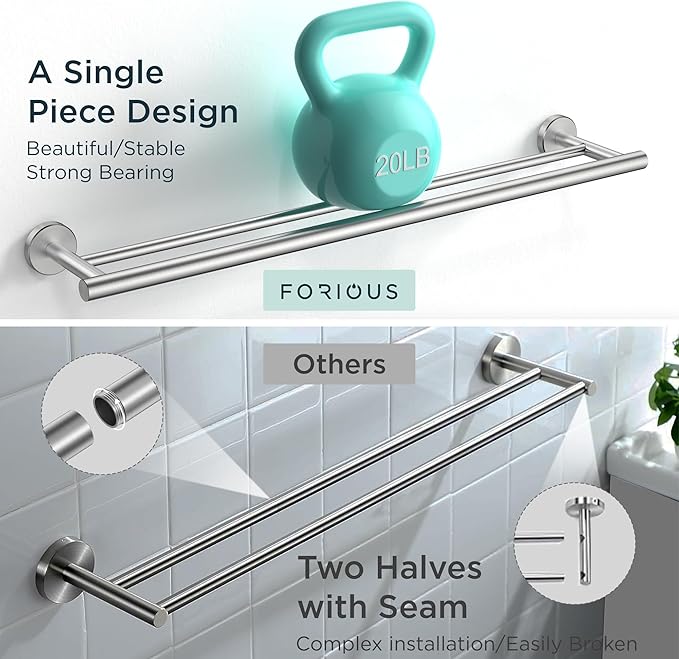 FORIOUS Double Towel Bar, 24 Inch Double Towel Racks for Bathroom, Heavy Duty SUS304 Stainless Steel Towel Bar Brushed Nickel, Includes Wall Mounting Hardware, Brushed Nickel