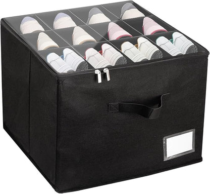 Fewile Shoe Organizer for Closet, Fits up to 12 Pairs, Foldable Shoe Storage Containers with Clear Cover, Large Adjustable Shoe Box Organizers, Space Saving Shoes Holder