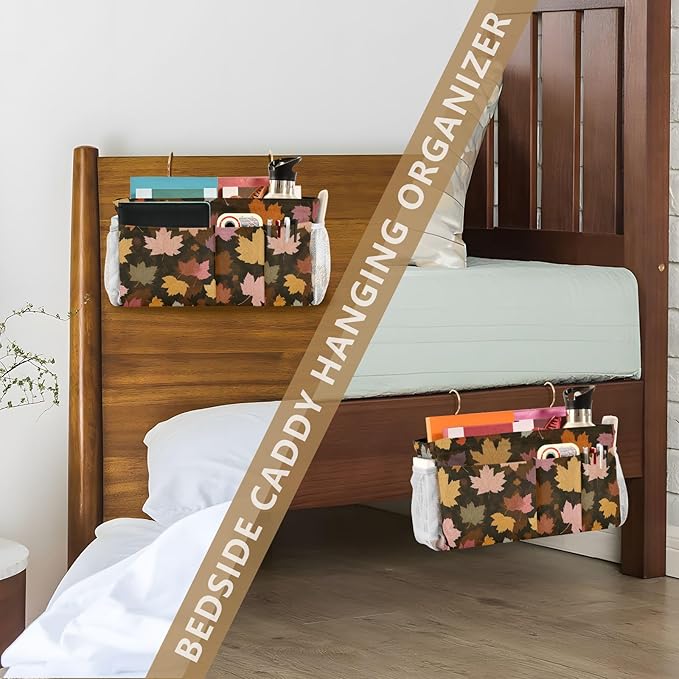 CuwrYet Bedside Caddy Hanging Bunk Bed Caddy Bed Organizer Hanging Pocket with 2 Hooks Bedside Storage Organizer Pocket Bag Holder Various Maple Leaves
