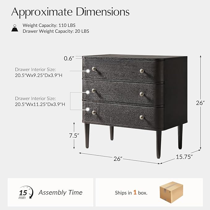 HULALA HOME Modern End Table with Charge Station, 3 Drawer Wood Side Table with Solid Wood Legs & Adjustable Feet, Curved Design End Table, Charcoal