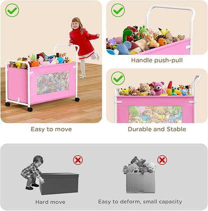 KEEGH Extra Large Toy Box for Kids with 360° Rotating Wheels, Heavy Duty Toy Chest for Boys and Girls, Toy Storage Organizer for Kids, Toy Bins for Living Room, Nursery, Bedroom (Pink)