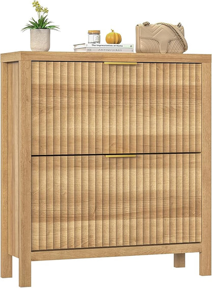 YOMILUVE Shoe Cabinet Storage for Entryway, Fluted Shoe Cabinet with 2 Flip Drawers, Hidden Shoe Rack Tall Freestanding Shoe Organizer with Legs for Hallway, Wood