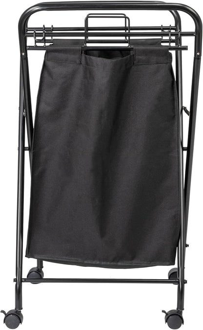 Household Essentials Rolling Laundry Hamper, Heavy Duty Canvas Bag, 2 Load Capacity, Foldable Frame, Black Bag with Velcro Fasteners, Black