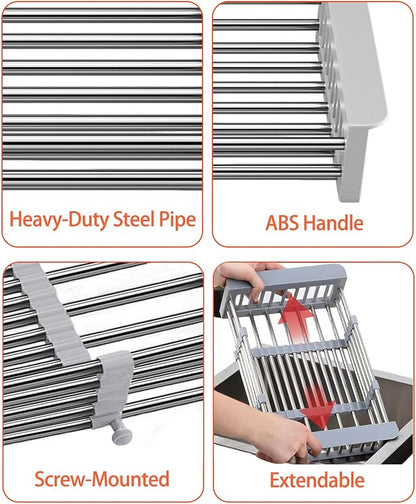 Large Dish Drying Rack for Kitchen Counter/Sink, Expandable Stainless Steel Sink Organization and Storage Essentials, Home and Appartment Decor, 8.86" W x 11.22"-18.5" L,Grey