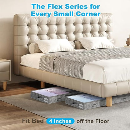 4 Inch Low Profile Under Bed Storage Drawer 2 Pack, Lightweight Underbed Clothes Storage Container Bins with NO STURCTURE, Shallow Storage Bag for Dorm & Home, With Clear Lids & Water-Resistant Fabric