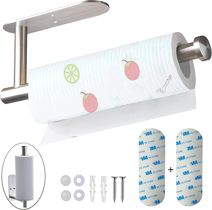 Paper Towel Holder-2pcs Adhesives, Wall-Mounted Paper Towels Roll for Kitchen, Self-Adhesive Under Cabinet Kitchen roll Holder, Both Available in Adhesive and Screws, Stainless Steel for Bathroom RV