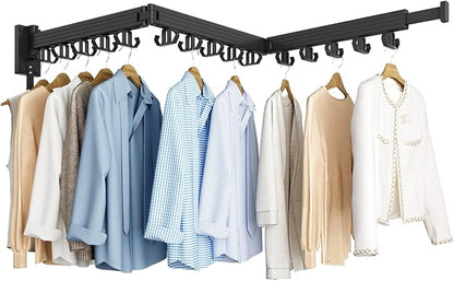 Clothes Drying Rack, Wall Mounted Laundry Drying Rack, Upgrade 3-Fold Foldable Collapsible Retractable Clothing Drying Rack with 12 Dual Hooks Organization for Laundry Room Indoor- Black
