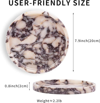 LWALMS Round Marble Perfume Tray - Stone Jewelry Holder Dish, Trinket Ring Key Purse Plate Decorative Bowl for Nightstand Entryway Coffee Table Decor (7.9 inch)