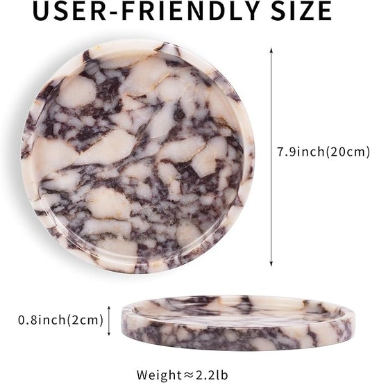 LWALMS Round Marble Perfume Tray - Stone Jewelry Holder Dish, Trinket Ring Key Purse Plate Decorative Bowl for Nightstand Entryway Coffee Table Decor (7.9 inch)