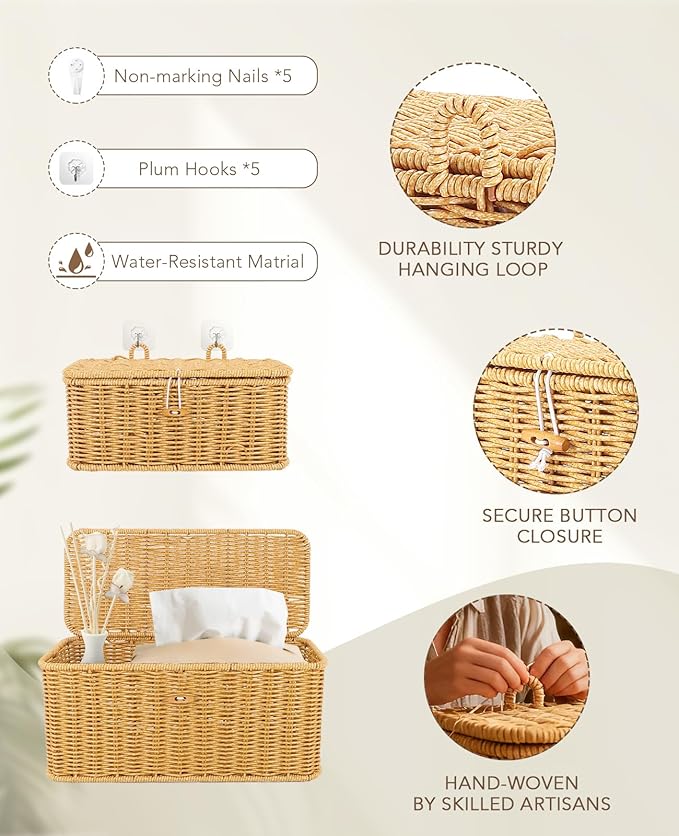 AceList Set of 2 Wicker Storage Basket with Lid, Rectangular Waterproof Handwoven Basket with Lid & Hooks, Boho Decorative Box for Organizing Home, Kitchen, and Room