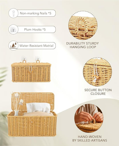AceList Set of 2 Wicker Storage Basket with Lid, Rectangular Waterproof Handwoven Basket with Lid & Hooks, Boho Decorative Box for Organizing Home, Kitchen, and Room