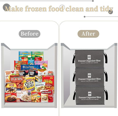 Freezer Organizer Bins, 4 Pack Collapsible Deep Freezer Organizer Bins for 15"x14"x9", freezer Storage Bins with Removable Dividers, Handles (Dark Grey, 4 Pack)