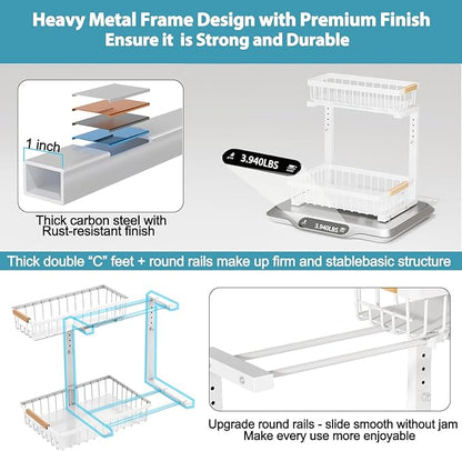 Under Sink Organizer 2 Pack, 2 Tier Slide Out Large Capacity Height Adjustable Under Sink Organizers and Storage for Kitchen Bathroom Cabinet, White