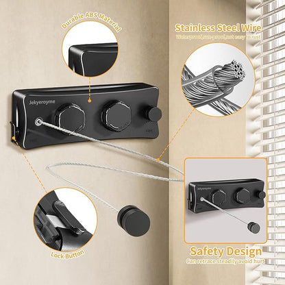Retractable Clothesline Indoor & Outdoor, Non-Sagging Wall Mounted Drying Rack Clothesline, 16.7 Ft Stainless Steel Wire Double Clothes Lines, Hanging Clothes line for Balcony, Courtyards(Black)