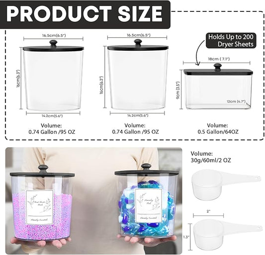 3 Pack Laundry Powder Container & Dryer Sheet Holder, Plastic Laundry Room Organization and Storage Jars with Lids, Labels & Scoops for Powder, Detergent, Scent Booster (Black Lid)