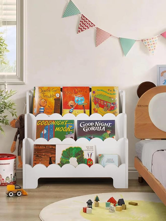 Kids Bookshelf Wooden 3-Tier, Scalloped Book Shelf for Kids Rooms, Front Facing Toddler Montessori Bookshelf, Baby Nursery Book Shelves Kids Classroom Bookshelf Bookcase