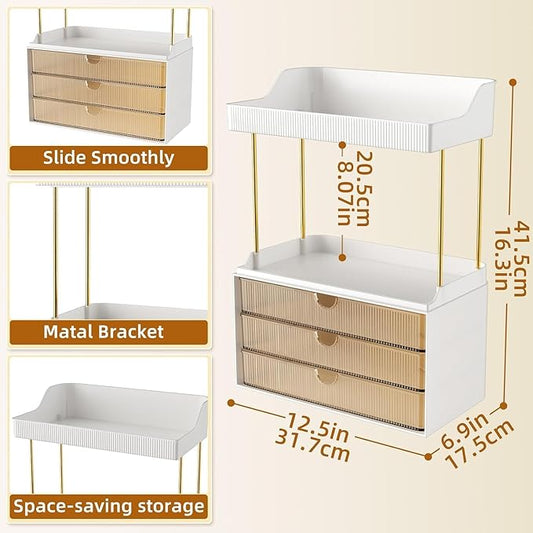 3 Large Drawers Makeup Organizer - 5 Tier Bathroom Counter Organizers and Storage, Versatile Perfume Vanity Organizer, Ideal for Cosmetic, Large Skincare, Face Mask, Office Supplies, Amber
