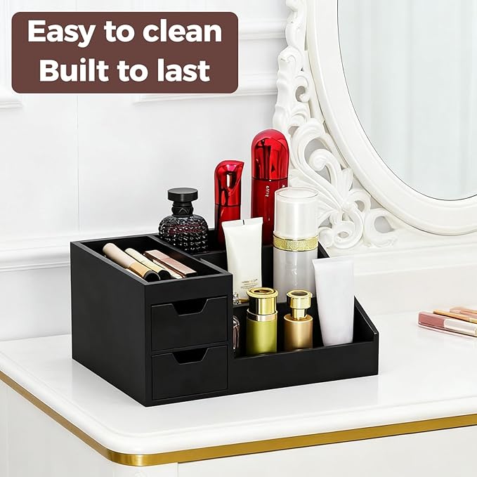 UUyuality Countertop Perfume & Makeup Organizer - Wooden Rack, Cologne Stand Shelves & Skincare Organizer for Bedroom Dresser, Organizador de Perfumes Estante para Perfumes (Middle, 01) (Black, 01)