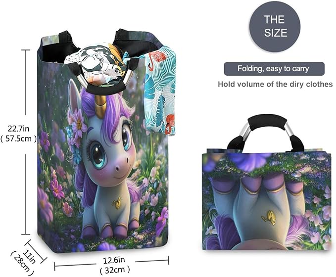 Laundry Hamper Basket Unicorn Dreamy Green Storage Basket Collapsible Laundry Bag with Handle Decorative Organizer Bins Basket for Laundry Room Bedroom Clothes College