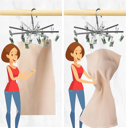 Drying Hanger, Hanging Drying Rack, Drip Hanger Stainless Steel with 16 Pegs for Laundry Underwear Socks, Quickly Remove Clothes from Hanger, Windproof, Folding Portable, (Green)