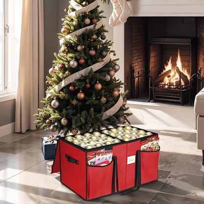 BALEINE Christmas Ornament Storage Box with Dividers, Premium Holiday Ornaments Storage Container Bin for Xmas Decorations (128 Ball, Red, Without Tray)