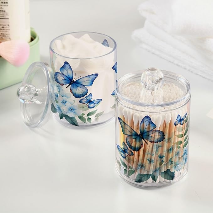 MNSRUU 2 Pack Qtip Holder Organizer Dispenser Flower Butterfly Pink Bathroom Storage Canister Cotton Ball Holder Bathroom Containers for Cotton Swabs/Pads/Floss