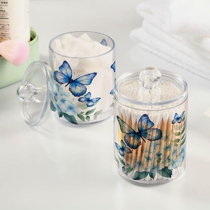 MNSRUU 4 Pack Qtip Holder Organizer Dispenser Flower Butterfly Pink Bathroom Storage Canister Cotton Ball Holder Bathroom Containers for Cotton Swabs/Pads/Floss