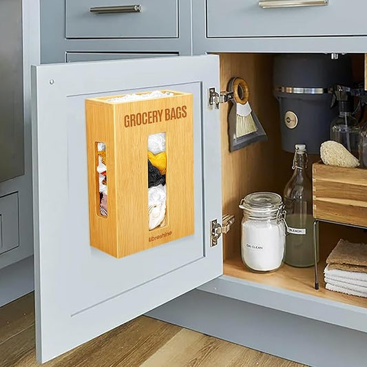 Extra Large Bamboo Grocery Bag Holder for Plastic Bags, Under Sink Cabinet or Wall Mounted Organizer, Space-Saving Bag Dispenser for Kitchen, Pantry, Laundry Room, Garage