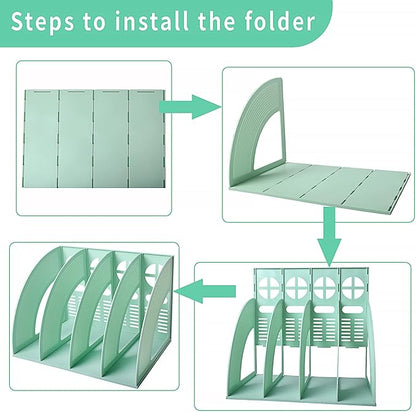 SAYEEC Sturdy Magazine Holder 4 Compartments Plastic Desktop File Organizer File Dividers Office Organizer Storage Document Magaizne Rack Display Box (Green)
