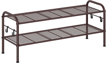 SONGMICS Shoe Rack, 2-Tier Shoe Organizer, Metal Shoe Shelf Storage with 4 Side Hooks, Holds 10 Pairs of Shoes, Height-Adjustable Shoe Rack for Entryway, Hallway, Closet, Chestnut Brown ULMR128A01