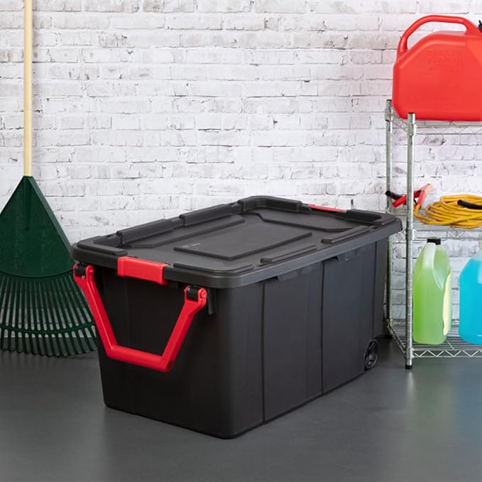 Sterilite 8-Pack Industrial Tote, Heavy-Duty Storage Bins w/Lids and Wheels, 40 Gallon - Stackable Organizing Containers for Home, Garage, Office, and Basement