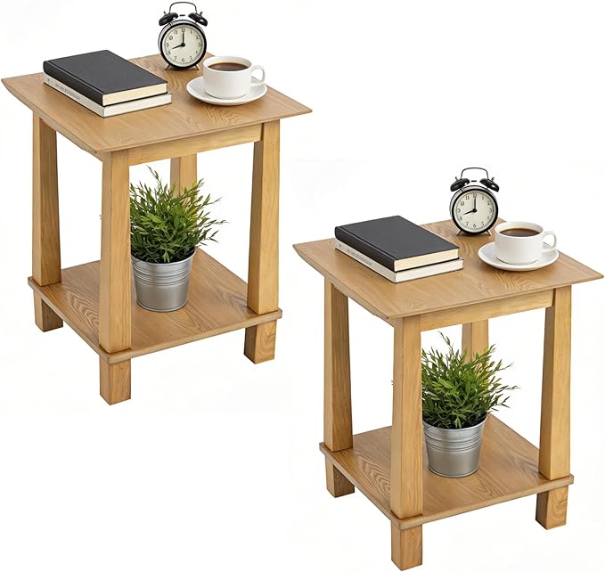 chairus Square Nightstands Set of 2, Modern Accent End Table with 2-Tier Storage Shelf, Solid Wood Small Side Table for Living Room/Bedroom, Natural