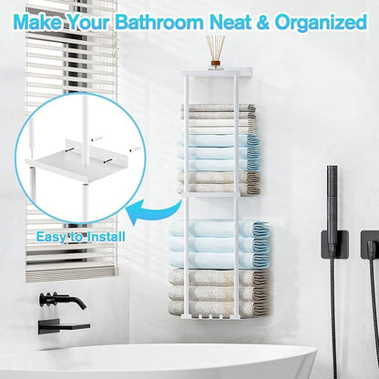 Towel Rack for Bathroom, Wall Mounted Vertical Rolled Towel Storage Organizer Holder with Shelf, Holds Up 6 Large Bath Sheets, White