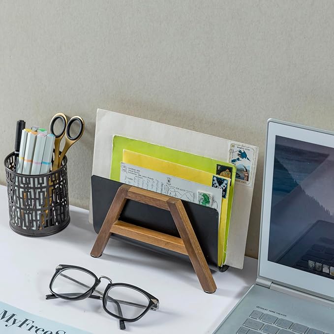 MyGift Modern Desktop Mail Holder, Urban Solid Acacia Wood and Matte Black Metal Tabletop Letter Sorter