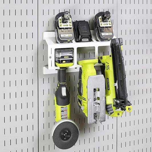 Wall Control Drill Holder Power Tool Storage Rack - Compact Impact Drill Battery Power Tool Pegboard Organizer Pegboard (White)