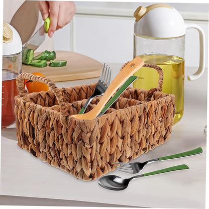 Rustic Woven Straw Storage Basket Lid Storage Basket for Cutlery Desktop Sundries Holder