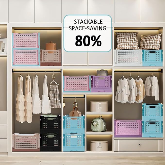 Stackable Plastic Closet Storage Basket, 2 Pack Foldable Closet Organizers and Storage Bins, Decorative Basket for Closet, Shelves, Laundry, Wardrobe Organizing (Pink Blue + Yellow Blue)