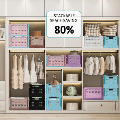 Stackable Plastic Closet Storage Basket, 2 Pack Foldable Closet Organizers and Storage Bins, Decorative Basket for Closet, Shelves, Laundry, Wardrobe Organizing (Pink Blue + Yellow Blue)