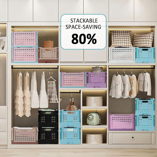Stackable Plastic Closet Storage Basket, 2 Pack Foldable Closet Organizers and Storage Bins, Decorative Basket for Closet, Shelves, Laundry, Wardrobe Organizing (Pink Blue + Yellow Blue)