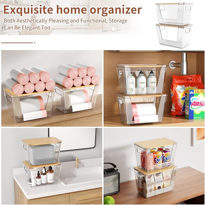 1 Set Stackable Storage with Bamboo Top for Laundry Room Organization, Extra Large Trash Bag/Garbage Bag Dispenser, Under Sink Organizer, Pantry Organizers