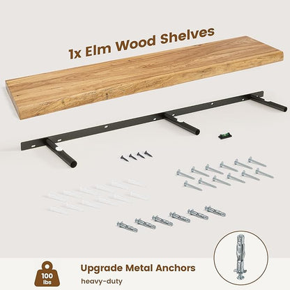 Live Edge Elm Floating Shelves for Wall Decor, Rustic Solid Wood Shevles Wall Mounted with Invisible Bracket for Living Room Bathroom Bedroom Kitchen, 48 Inch Set of 1, Natural