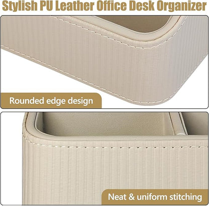 ACUDUDOMA PU Leather Remote Control Organizer Holder, 4-Compartment Small Desk Organizer, All-in-One Desk & Nightstand Caddy for Remotes, Phones, Glasses & Office Accessories