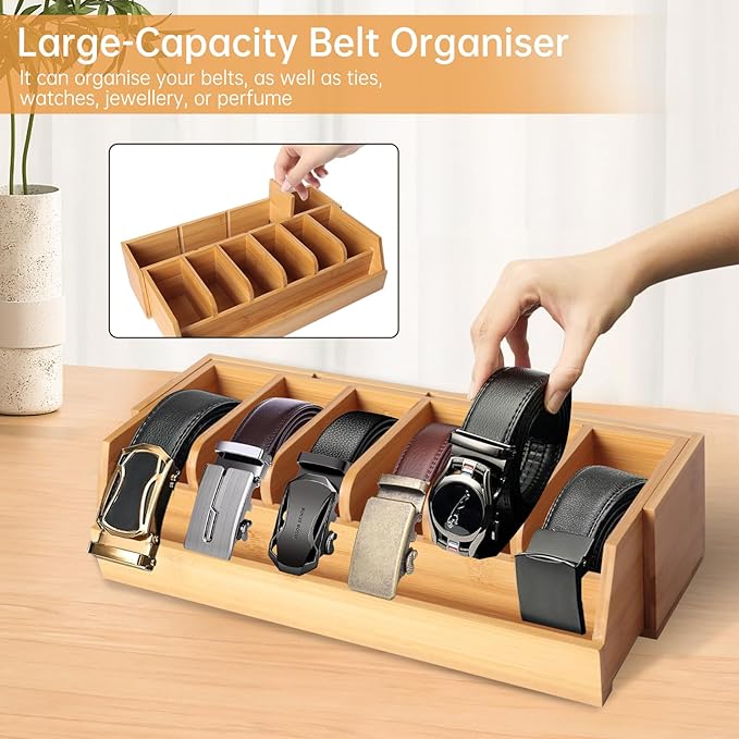 Niciksty Adjustable Wood Belt Organizer, 10 Compartments Belt Rack and Tie Storage Holder for Closet and Drawer, Belt Holder Organizer and Displayer, Tie Holder Storage for Men Women, Wood Color