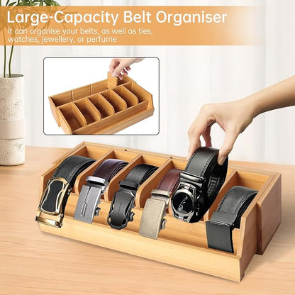 Niciksty Adjustable Wood Belt Organizer, 10 Compartments Belt Rack and Tie Storage Holder for Closet and Drawer, Belt Holder Organizer and Displayer, Tie Holder Storage for Men Women, Wood Color